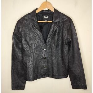 B&J Leather Jacket Floral Textured Embossed Button Up Country